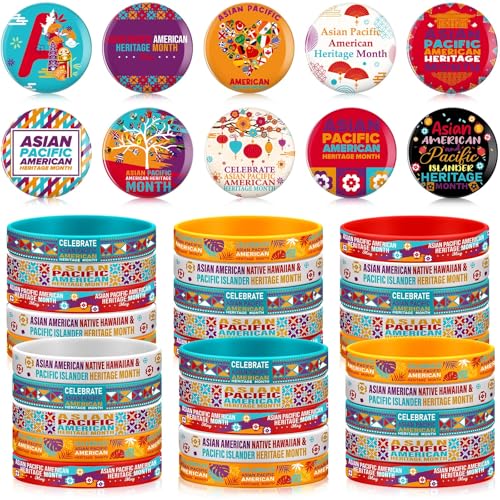 Quelay 100 Stück asiatisch-pazifisch-amerikanisches Erbe Monats-Partygeschenke, Großpackungen im Lieferumfang enthalten, 50 asiatisch-pazifische amerikanische Gummi-Armbänder und 50 Knöpfe, Abzeichen, Quelay 100 Stück asiatisch-pazifisch-amerikanisches Erbe Monats-Partygeschenke, Großpackungen im Lieferumfang enthalten, 50 asiatisch-pazifische amerikanische Gummi-Armbänder und 50 Knöpfe, Abzeichen, von Quelay