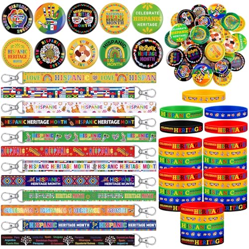 Quelay 72 Sets Hispanic Heritage Month Party Favors Bulks Included 24 Hispanic Rubber Bracelets 24 Buttons Badges Round Button Pins 24 Lanyard Keychains Gifts Bulk for Festival Accessory Party Decor von Quelay