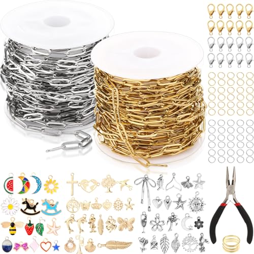 Quelay Goldketten für Schmuckherstellung, Edelstahl-Büroklammerketten mit 56 Armbandanhängern, 60 Biegeringen, 20 Karabinerverschlüssen, Ringöffner, passende Zange, Zubehör, 2 Rollen Quelay Goldketten für Schmuckherstellung, Edelstahl-Büroklammerketten mit 56 Armbandanhängern, 60 Biegeringen, 20 Karabinerverschlüssen, Ringöffner, passende Zange, Zubehör, 2 Rollen von Quelay