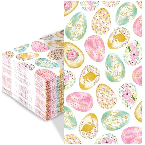 Quera 100 Stück Happy Easter Gäste-Servietten, Papierservietten, Eierpapier, Handtücher, Frühlingsblumen, Häschen, Zuhause, Familienessen, Urlaub, Ostern, Party, Zubehör, 20 x 10 cm von Quera