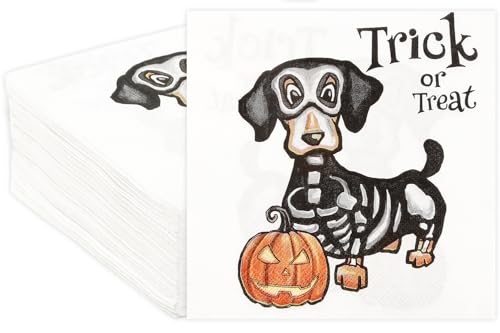 Quera 50 Stück Halloween-Papierservietten, Halloween-Dackel, Skelett, Partyzubehör, Cocktail-Servietten für Halloween, Geschenke, Zuhause, Abendessen, Party-Dekoration, 16,5 x 16,5 cm von Quera