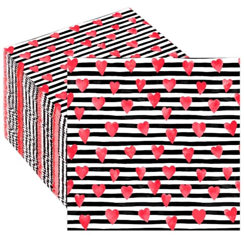 Quera 50 Stück Papierservietten zum Valentinstag, rote Herzen, gestreift, Cocktail-Servietten, Getränke, Einweg-Papier, Dessert-Servietten für Frühling, Hochzeit, Abendessen, Geschirr, Dekor (16,5 x von Quera