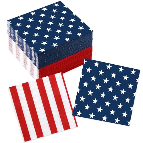 Quera Patriotisches Partyzubehör zum 4. Juli, Papierservietten, 12,7 x 12,7 cm, Sterne und Streifen, Cocktail-Servietten für US-Mottopartys, Veteranentag, Wahltag, Unabhängigkeitstag, Dekoration, 100 von Quera