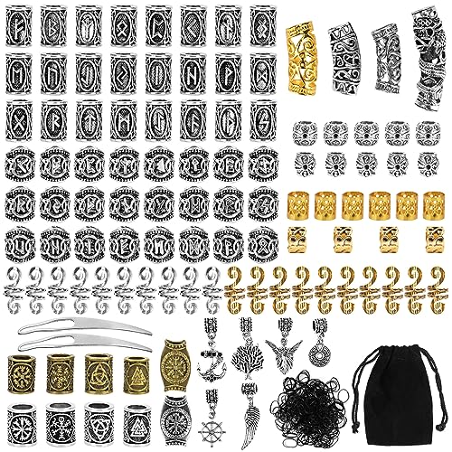 Queta 110 Stücke Runeperlen Set mit 400 Gummibänder Wikinger Rune Bart Perlen Nordische Haarperlen Bartschmuck Antik DIY Bartperlen Haarschmuck Flechten Armband Anhänger Halskette Afrikanische Perlen von Queta