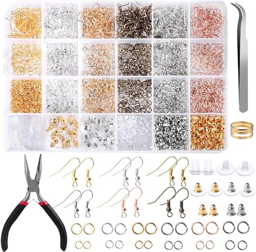 Queta 2490 Stücke Ohrringhaken Ohrringherstellung Kit mit Zange und Pinzette für die Schmuckherstellung und Ohrringreparatur, 6 Farben von Queta