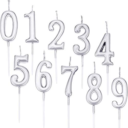 Queta Geburtstag Zahl Kerzen Kuchenkerzen Nummer Kerzen Nummer 0 bis 9 Cake Topper Dekoration für Geburtstagtorte Kuchen Party 10 Stück (Silber) von Queta