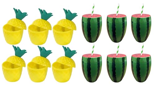 Quickdraw 12 x hawaiianische Partybecher Ananas & Wassermelone Trinkbecher mit Papierstrohhalmen Tropischer Strand Hula Tiki Cocktailgläser Sommer Party Geschirr von Quickdraw