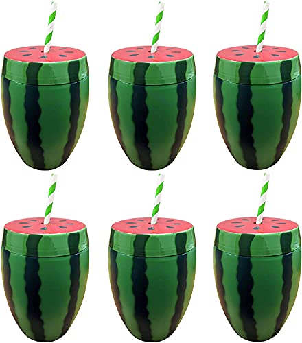 Quickdraw 6 x Wassermelonen-Becher mit Strohhalmen – großer wiederverwendbarer Cocktail-Getränkebecher aus Kunststoff für Hawaii, Luau, Tiki, Strand & Sommerpartys – Tropisches Partygeschirr von Quickdraw