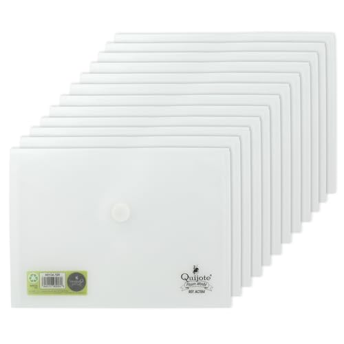 Quijote Paper World Packung mit 12 transparenten Kunststoffumschlägen, Packung mit Ordnern aus Kunststoff, Klettverschluss, zum Archivieren, Sortieren und Tragen für Schule, Büro oder Universität, 25 von Quijote Paper World