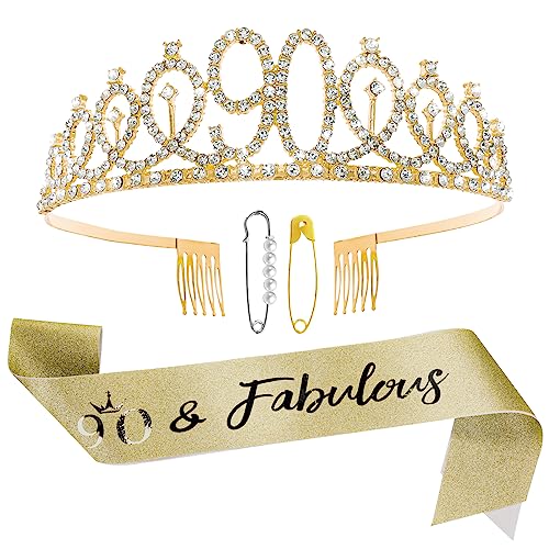 1 Set Gold Geburtstag Schärpe und Tiara,90 Geburtstag Deko,Elegant Glänzend Geburtstagskrone,90. Happy Birthday Girl,für 90 Geburtstag-Deko Geschenk und Frauen Party Accessoires von Quilax