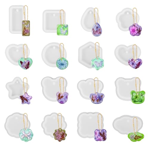 16 x Schlüsselanhänger-Harz-Formen aus Silikon mit Loch, Schmuck-UV-Harz-Schlüsselanhänger-Formen, Epoxidharz-Form für Schlüsselanhänger, Anhänger, Schmuckherstellung von Quilax