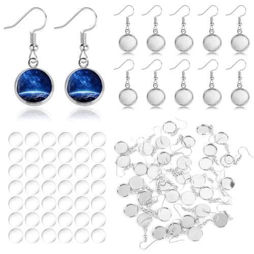 50 Stück Ohrring-Lünettenrohlinge Drahthaken mit 50 Glas-Cabochon-Tabletts, Edelstahl, rund, blanko, Ohrring-Lünetten-Set, Anhängerrohlinge für Schmuckherstellung, DIY-Zubehör von Quilax