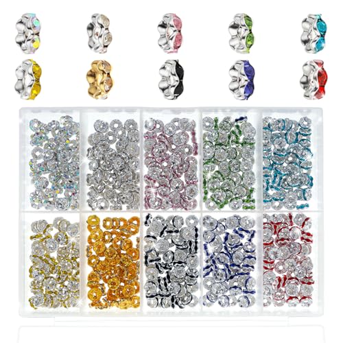Abstandshalter für Schmuckherstellung, Kristall-Abstandshalter mit großem Loch, Glitzer-Perlen für Stifte, Strass-Abstandshalter für Armbänder, Halsketten, 600 Stück (10 Farben) von Quilax