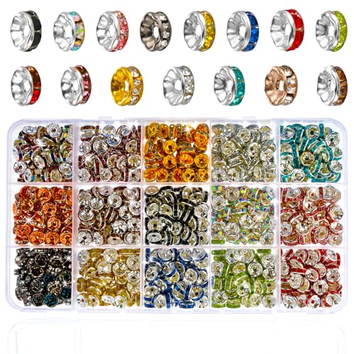 Abstandshalter für Schmuckherstellung, Kristall-Abstandshalter mit großem Loch, Glitzer-Perlen für Stifte, Strass-Abstandshalter für Armbänder, Halsketten, 900 Stück (15 Farben) von Quilax