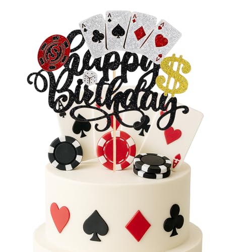 Casino Kuchendekoration, Casino-Themenparty-Dekorationen, Glitzer-Pokerchips-Aufsatz für Vegas-Nacht-Themen-Geburtstagsparty, Happy Birthday-Kuchenaufsätze für Glücksspiel-Themen-Dekorationen von Quilax