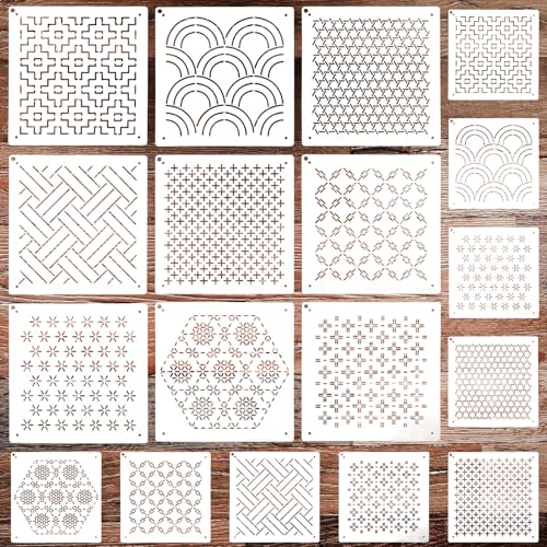 Sashiko-Schablonen, 12,9 cm, Kunststoff, Sashiko-Schablonen-Set, geometrische Sashiko-Vorlage, Stickmuster, Stabilisatoren, Zeichenlinien-Stickmuster für Handsteppung und Stickerei, 18 Stück Sashiko-Schablonen, 12,9 cm, Kunststoff, Sashiko-Schablonen-Set, geometrische Sashiko-Vorlage, Stickmuster, Stabilisatoren, Zeichenlinien-Stickmuster für Handsteppung und Stickerei, 18 Stück von Quilax