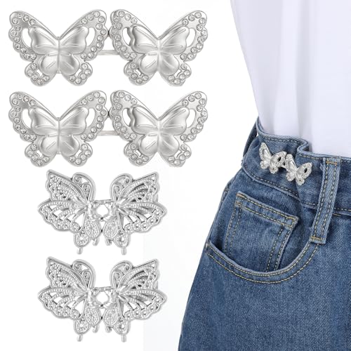 Schmetterlingsknopfnadeln, abnehmbar, kein Nähen, Hosen-Taillenspanner, verstellbare Sofort-Knöpfe für lose Jeans, Kleid, Rock, Hosen-Clips für Damen und Mädchen, strafft die Taille (Silber), 4 Stück von Quilax