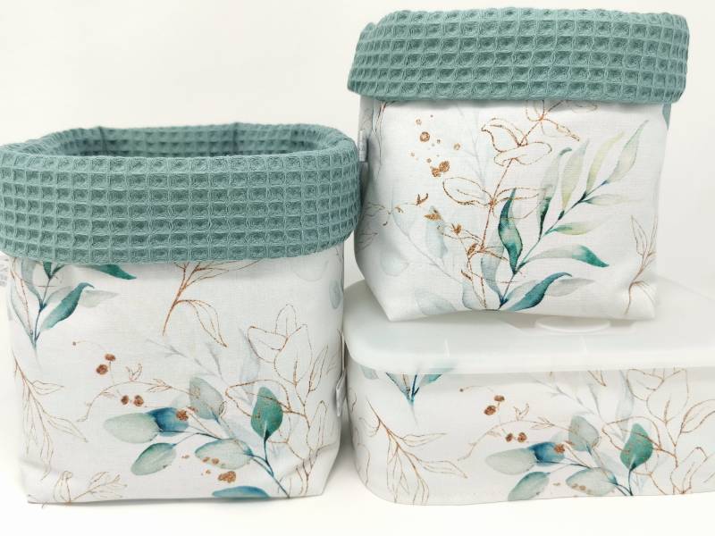 Ab 12, 95 Euro, Eukalyptus Bouquet & Altgrün, Stoffkörbe, Set-Wahl, Einzelwahl, Blätter, Waffelpique, Utensilos, Aufbewahrung, Wickeltisch von QuiltCottageLove