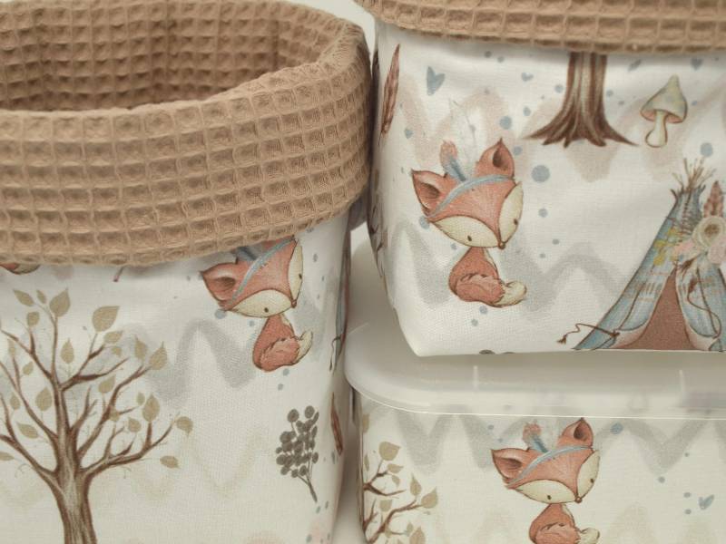 Ab 12, 95 Euro, Stoffkörbe Fuchs & Camel, Set-Wahl, Einzelwahl, Fuchs, Wald, Zelt, Baum, Waffelpique, Utensilos, Aufbewahrung, Organizer von QuiltCottageLove