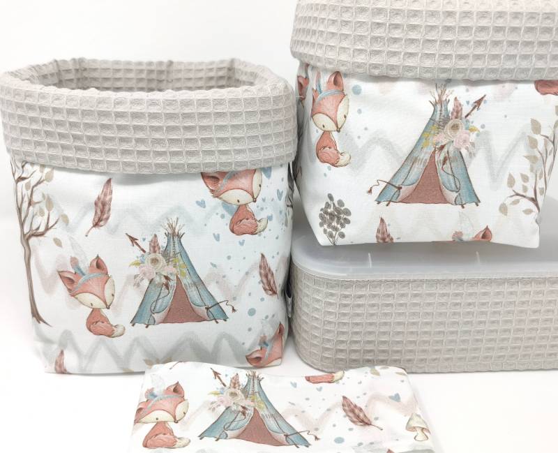 Ab 12, 95 Euro, Stoffkörbe Fuchs & Hellbeige, Set-Wahl, Einzelwahl, Fuchs, Wald, Zelt, Baum, Waffelpique, Utensilos, Aufbewahrung, Organizer von QuiltCottageLove