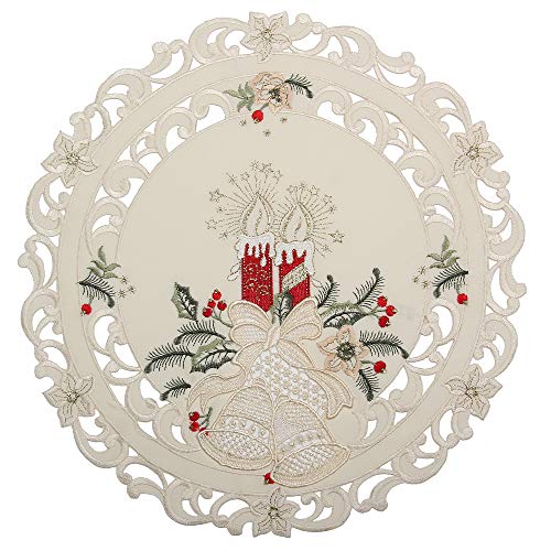 Bezaubernder Weihnachten Tischläufer/Tischdeckchen Creme-Weiß mit Rot Kerzen Glocken Stickerei - Größe wählbar (ca. 40 cm Rund) von Quinnyshop