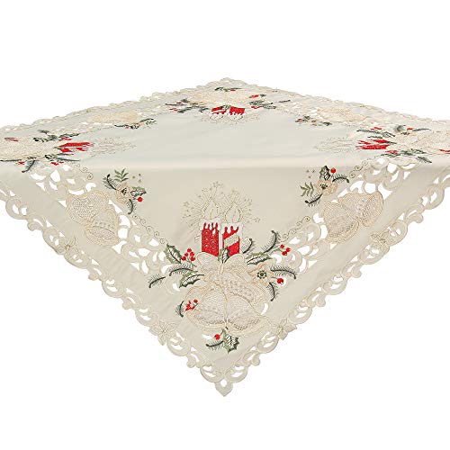 Quinnyshop Bezaubernde Weihnachten Mitteldecke/Tischdecke Creme-Weiß mit Rot Kerzen Glocken Stickerei - Größe wählbar (ca. 110 x 110 cm Eckig) von Quinnyshop