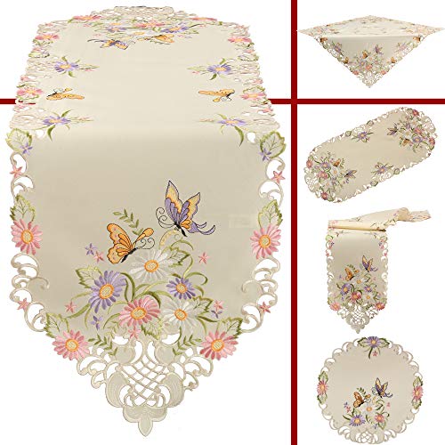 Quinnyshop Bunte Blumen Schmetterling Stickerei Mitteldecke 60 cm Rund Polyester, Ecru / Creme von Quinnyshop