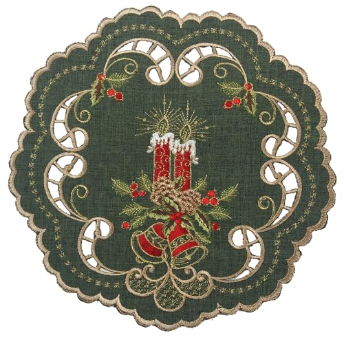 Dunkel-Grün Weihnachten Tisch-Deckchen Tischdecke Leinen-Optik mit Rot Kerzen Stickerei (ca. 30 cm Rund) von HanaQi