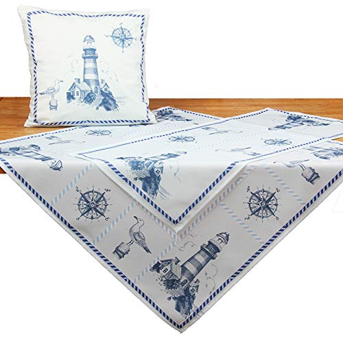 Quinnyshop Gedruckt Leuchtturm Maritim Tischdecke Mitteldecke ca. 85 x 85 cm Polyester, Blau von Quinnyshop