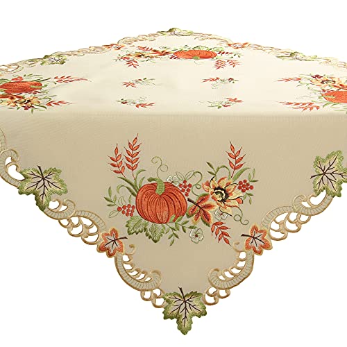 Quinnyshop Kürbis und Sonnenblume Stickerei Mitteldecke 85 x 85 cm Polyester, Creme von Quinnyshop