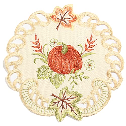 Quinnyshop Kürbis und Sonnenblume Stickerei Tischdeckchen 20 cm Rund Polyester, Creme von Quinnyshop