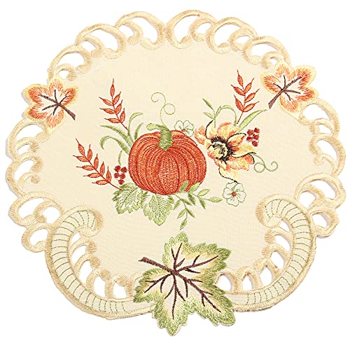 Quinnyshop Kürbis und Sonnenblume Stickerei Tischdeckchen 30 cm Rund Polyester, Creme von Quinnyshop