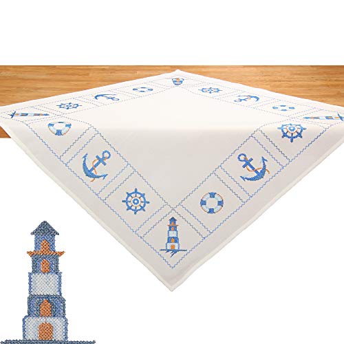 Quinnyshop Mitteldecke Tischdecke Maritime Motive Webmuster Stickerei ca. 85 x 85 cm Polyester Blau, Weiß von Quinnyshop