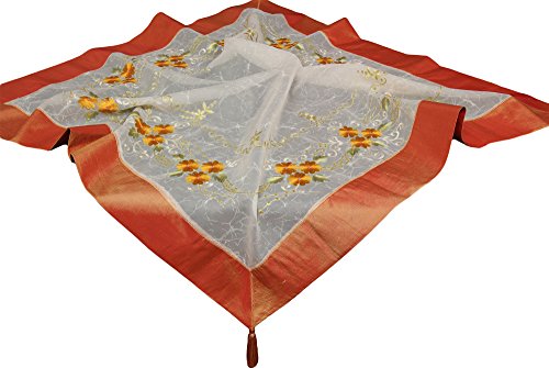 Quinnyshop Orange Blüten Stickerei Mitteldecke 110 x 110 cm Eckig Organza-Satin-Optik, Terrakotta von Quinnyshop