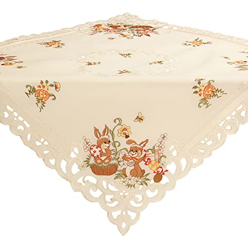 Quinnyshop Ostern Mitteldecke Tischdecke Häschen Ostereier Stickerei Ecru Creme Leinen Optik Polyester ca. 85 x 85 cm von Quinnyshop