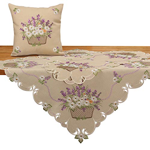 Quinnyshop Romantic Lila Lavendel Gänseblümchen Blumen Stickerei Mitteldecke ca. 60 cm Rund Polyester, Beige von Quinnyshop