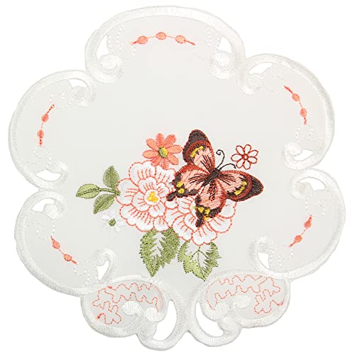 Quinnyshop Rosa Schmetterlinge Stickerei Frühling Tischdecke Deckchen ca. 20 cm Rund Polyester, Weiß von Quinnyshop
