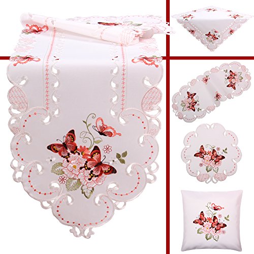 Quinnyshop Rosa Schmetterlinge Stickerei Frühling Tischdecke Deckchen ca. 30 cm Rund Polyester, Weiß von Quinnyshop