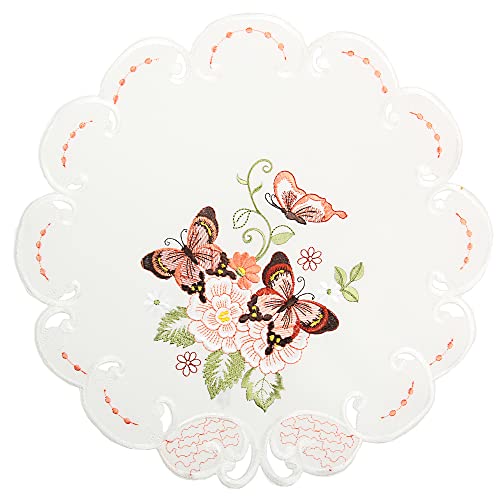 Quinnyshop Rosa Schmetterlinge Stickerei Frühling Tischdecke Deckchen ca. 40 cm Rund Polyester, Weiß von Quinnyshop