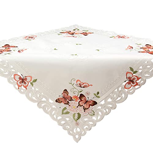 Quinnyshop Rosa Schmetterlinge Stickerei Frühling Tischdecke Mitteldecke ca. 110 x 110 cm Polyester, Weiß von Quinnyshop