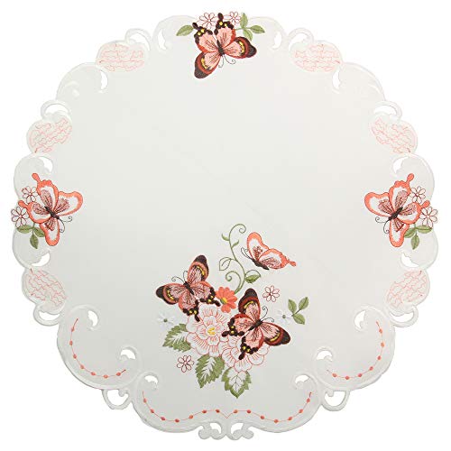 Quinnyshop Rosa Schmetterlinge Stickerei Frühling Tischdecke Mitteldecke ca. 60 cm Rund Polyester, Weiß von Quinnyshop