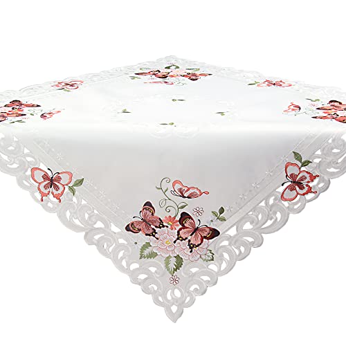 Quinnyshop Rosa Schmetterlinge Stickerei Frühling Tischdecke Mitteldecke ca. 85 x 85 cm Polyester, Weiß von Quinnyshop