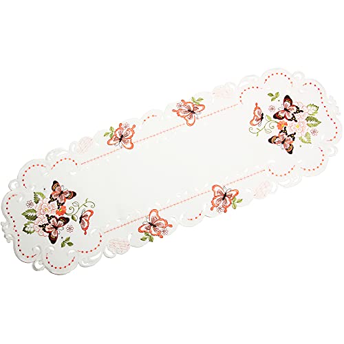 Quinnyshop Rosa Schmetterlinge Stickerei Frühling Tischdecke Tischläufer ca. 40 x 110 cm Oval Polyester, Weiß von Quinnyshop