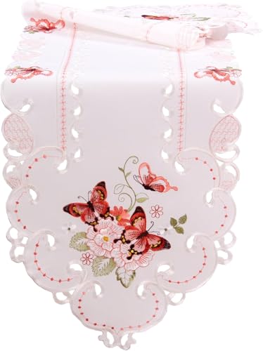Quinnyshop Rosa Schmetterlinge Stickerei Frühling Tischdecke Tischläufer ca. 40 x 140 cm Zugespitzt Polyester, Weiß von Quinnyshop