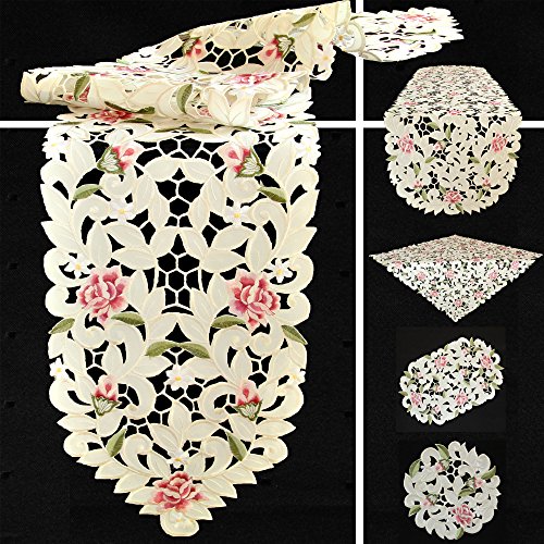 Quinnyshop Rosenblüten Durchbruchsstickerei Tischdeckchen 20 cm Rund Polyester, Creme von Quinnyshop