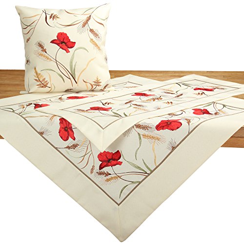 Quinnyshop Rot Klatschmohn Getreide Tischdecke Mitteldecke Polyester, Creme - ca. 85 x 85 cm Quadratisch von Quinnyshop