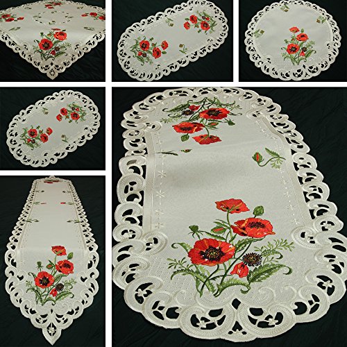 Quinnyshop Roter Klatschmohn Stickerei Mitteldecke 85 x 85 cm Eckig Polyester, Creme von Quinnyshop