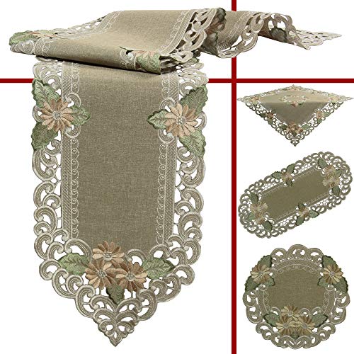 Quinnyshop Tischdecke Tischläufer Set Leinen-Optik Blumen Stickerei ca. 40x110 cm Oval Polyester, Grün-Beige von Quinnyshop