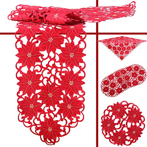 Quinnyshop Weihnachtsstern Poinsettie Winter Stickerei Tischdecke Mitteldecke ca. 60 cm Rund Polyester, Rot von Quinnyshop