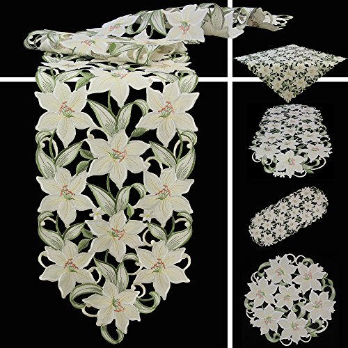 Quinnyshop Weiße Lilie Stickerei Tischdecke Deckchen ca. 40 cm Rund Polyester, Weiß Grün von Quinnyshop